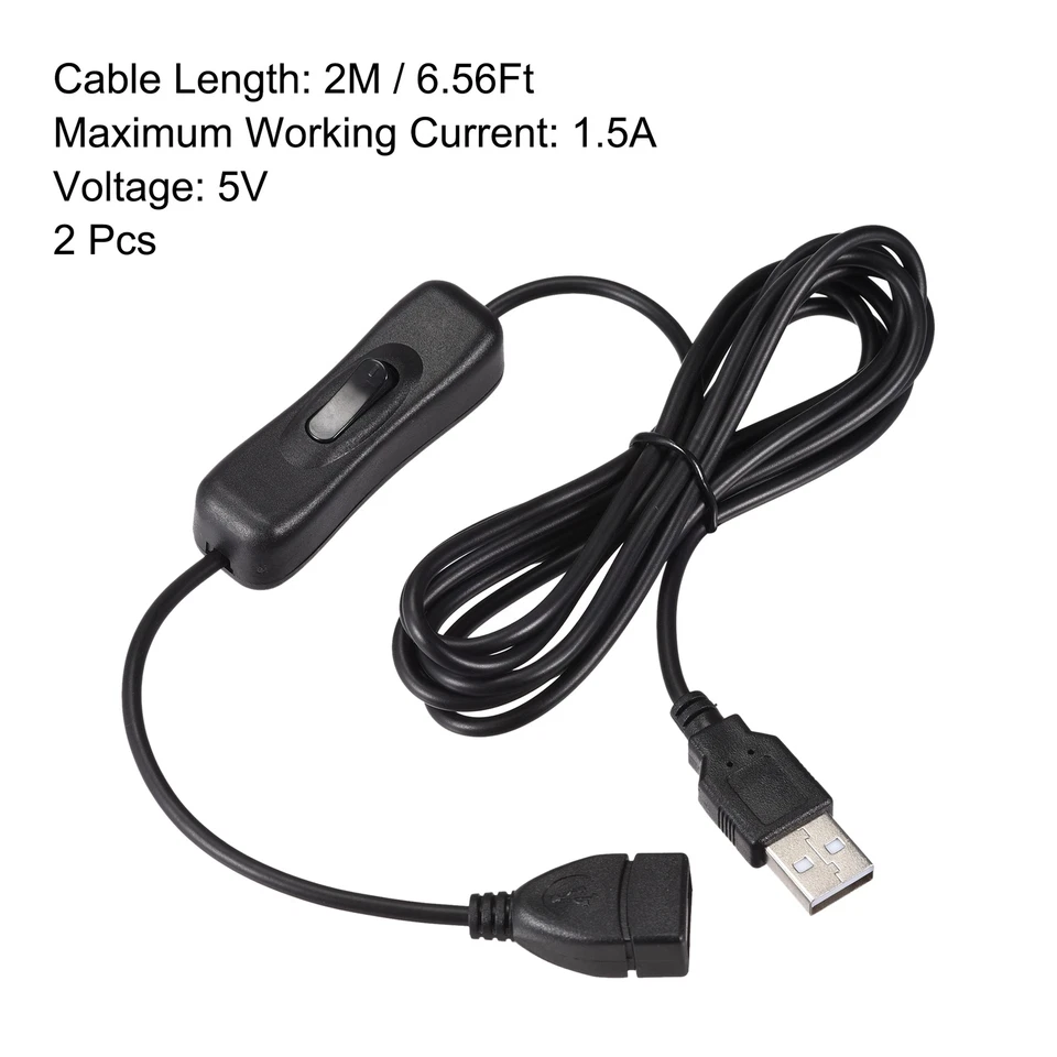 2Pack USB Cable with ON/Off Switch USB Male to Female Extension Cord 200cm Black — 第 3/4 张图片