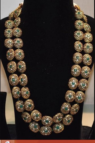 Designer Green Emerald Beads Kundan Necklace With Earnings Set Gift For Women
