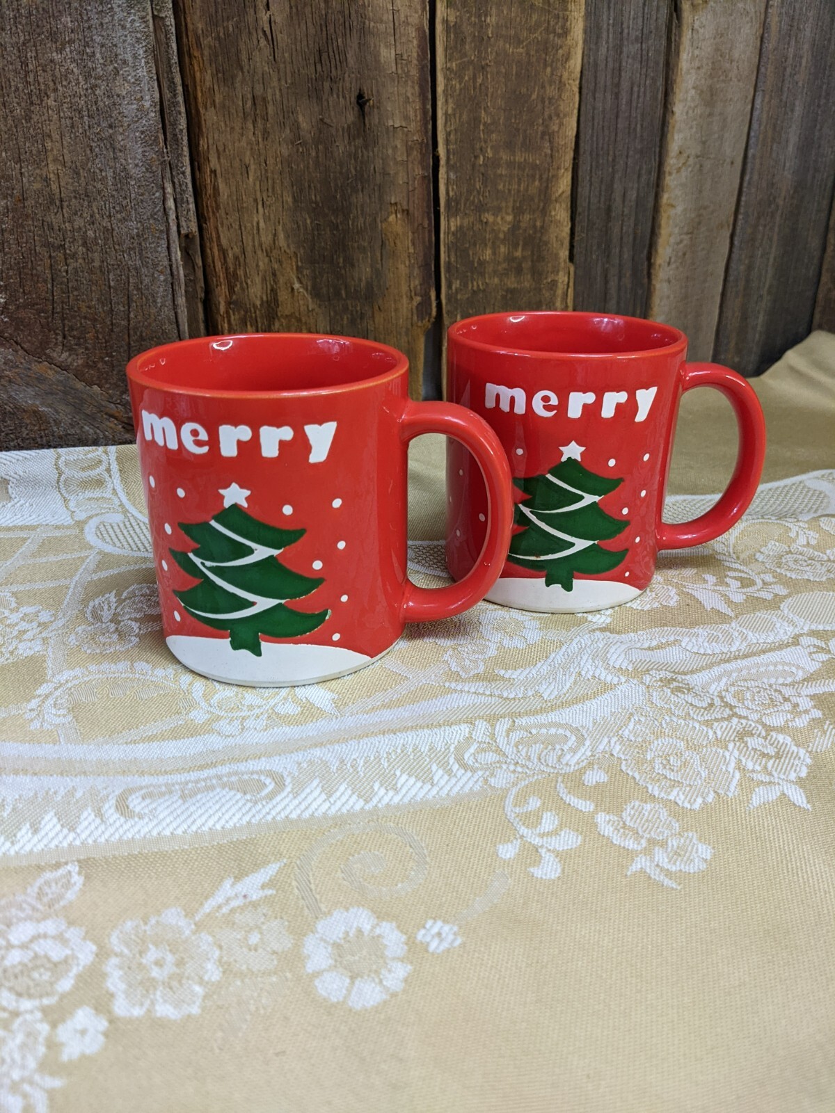 TWO Vintage made in Japan Merry Christmas Tree Coffee Mugs cups Vintage
