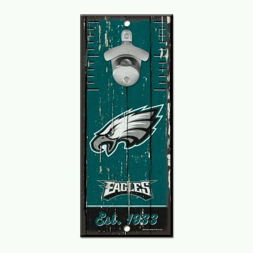 PHILADELPHIA EAGLES BOTTLE OPENER SIGN 5"X11" HARDBOARD W/ CAST METAL OPENER NEW - Picture 1 of 1