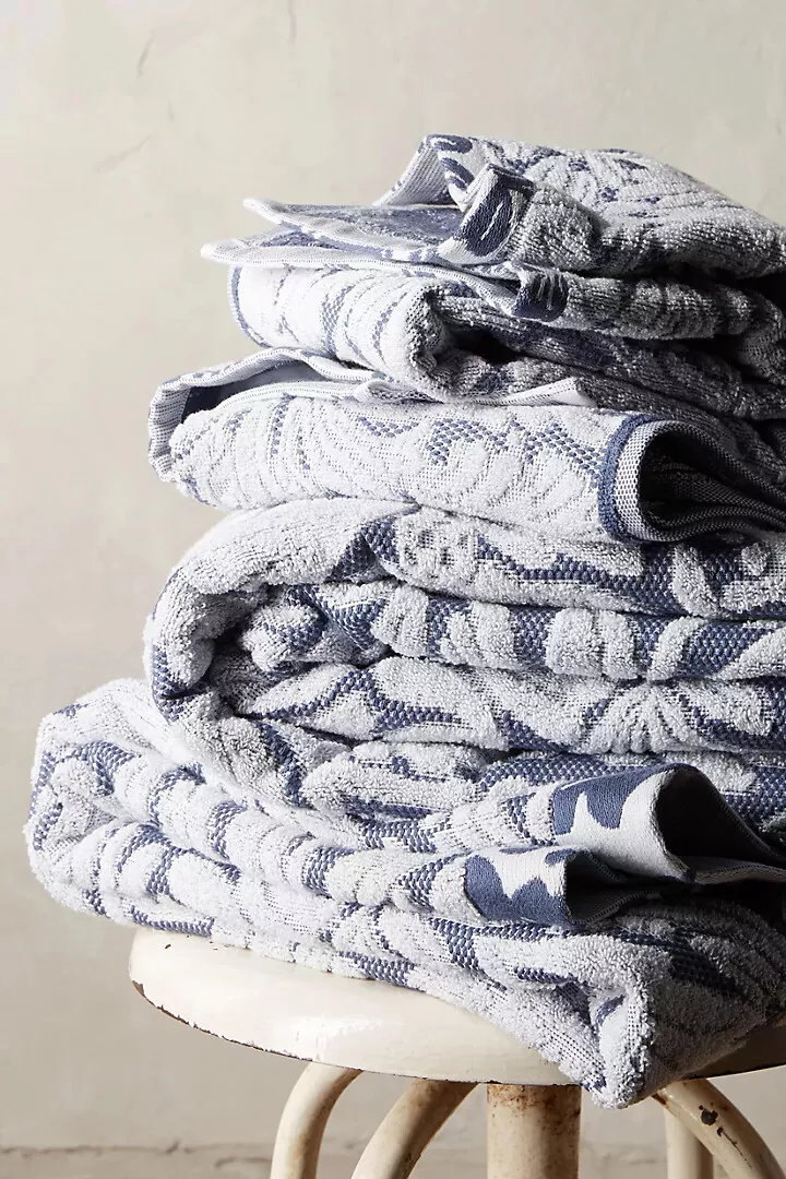 Anthropologie Bath Towel MAE Blue White Woven Yarn Dyed Cotton