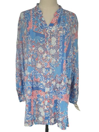 NWT Ruby Rd Women’s Plus 1X Patio Party Blue Floral Shirt Button-Up Tunic