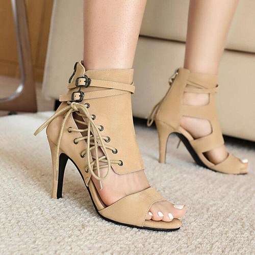 Sandalias de verano para mujer con punta abierta con cordones tacones altos cremallera trasera botas al tobillo informales talla - Imagen 6 de 12