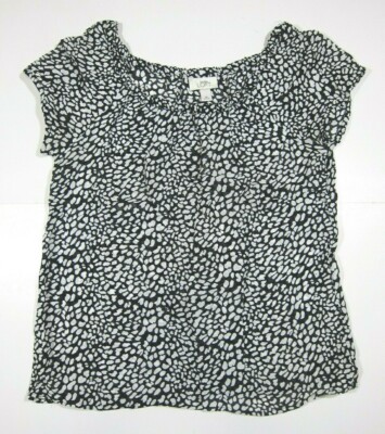 Ann Taylor Loft Rayon Black White Polka Dot Short Sleeve Tunic Top Blouse Medium