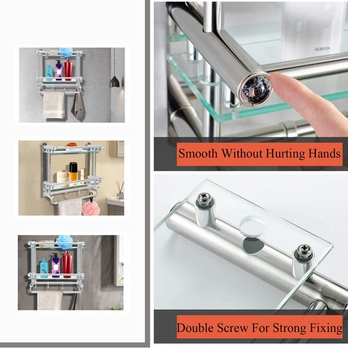 Wall Mounted Storage Rack Bathroom Glass Floating Shelves & 2 Towel Bar Hanger - Picture 5 of 12
