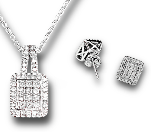 Set Collana e Orecchini Ciondolo Totale Diamante Naturale Platino Su Argento 1,14 carati - Foto 5 di 9