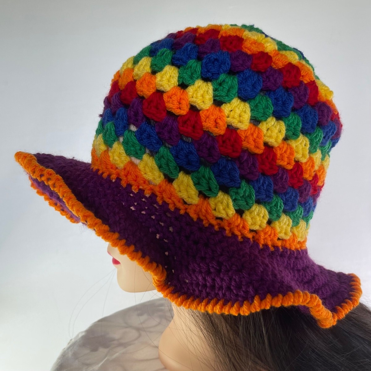 Crochet Bucket Hat Granny Square Pattern Rainbow Colors  display picture 2