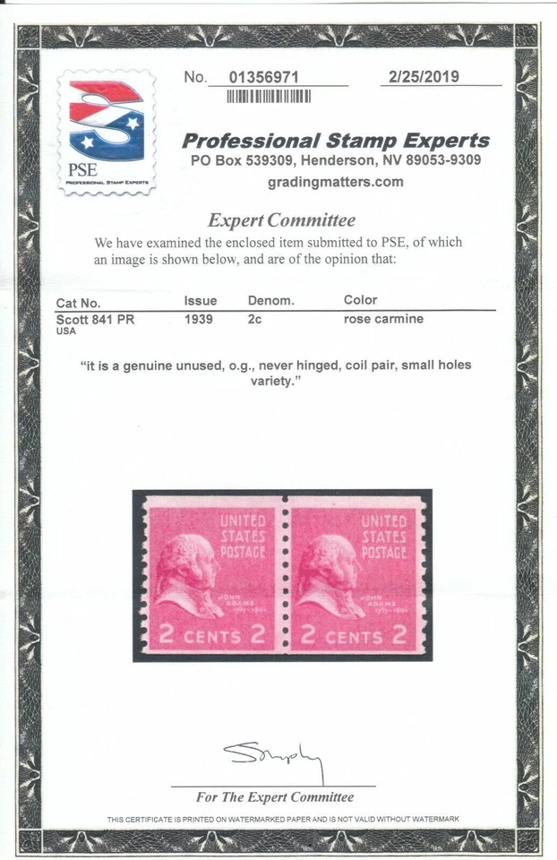PREXY COIL 1939 Sc 841 MNH par de agujeros pequeños variedad certificado PSE Foto 3 de 3