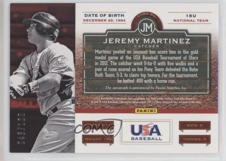 2012 Panini USA Baseball National Team America's Best /100 Jeremy Martinez Auto - Image 2 of 2