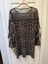 Nicole Miller Studio Dress Women Size 8 Black Floral Tiered Ruffle Sleeve