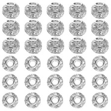 30Pcs Rhinestone Large Hole Beads, 14mm Crystal Charm Spacer Beads, Silver