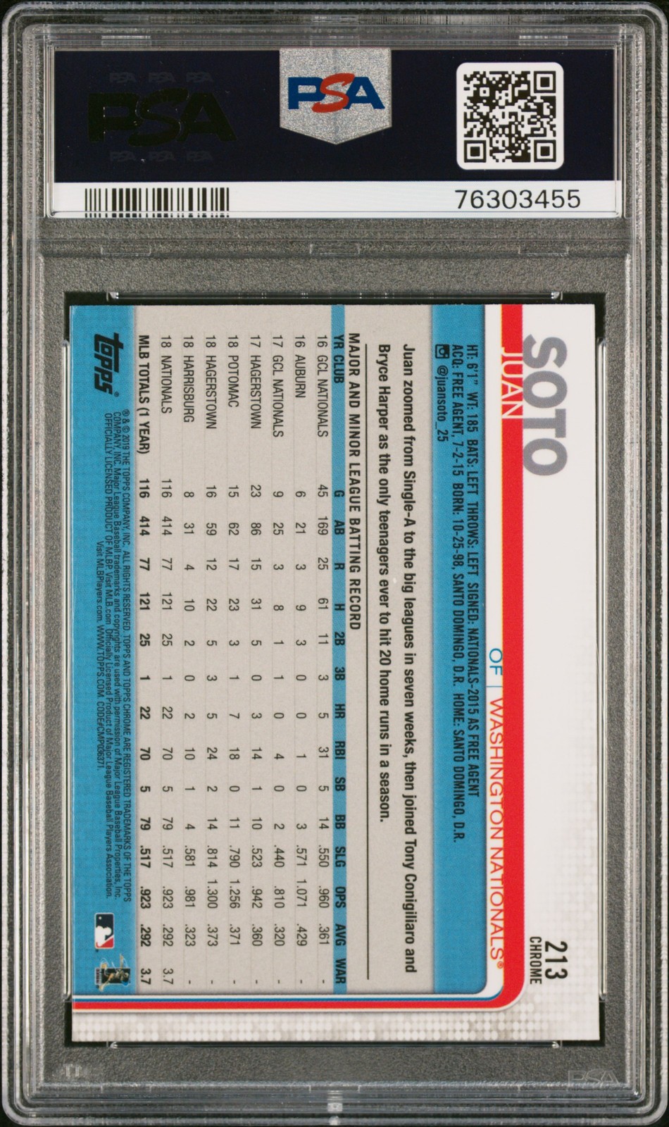 2019 TOPPS CHROME SAPPHIRE EDITION #213 JUAN SOTO PSA 10 view 2