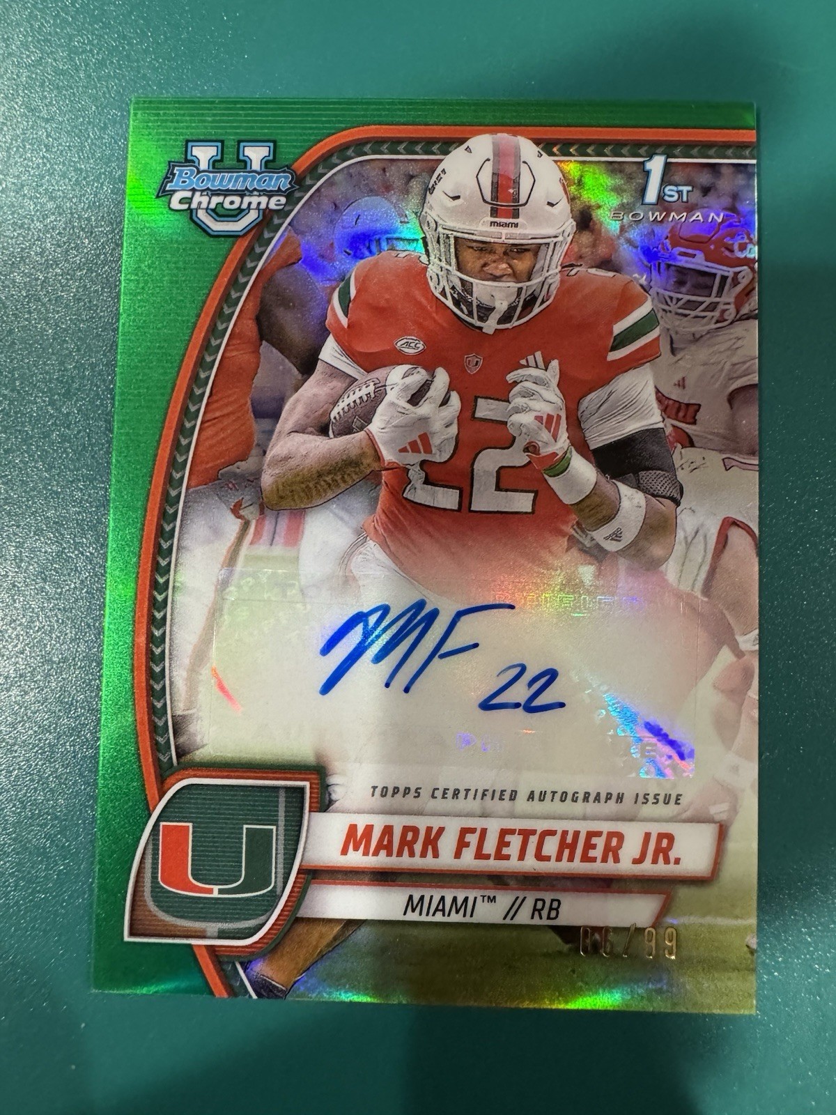 2024 Bowman Chrome University Mark Fletcher Jr. Auto 1st Green Refractor /99