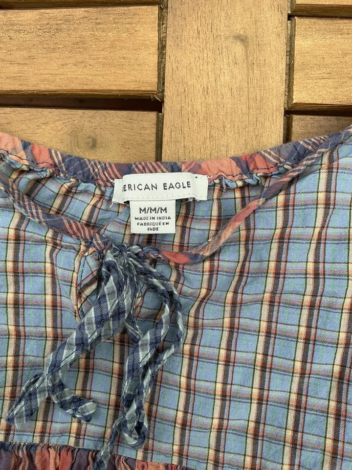 Blusa sin mangas American Eagle a cuadros guinga babydoll para mujer talla mediana” Foto 3 de 4