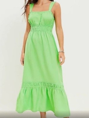 loft green maxi dress LOFT maxi Shirred Flounce Maxi Dress linen viscose lime green Size Small