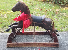 VTG 1800/1900S WOODEN HOBBY HORSE GLIDER, CHARMING, GLASS EYES, REAL HAIR, 34" L