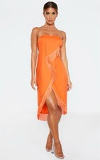 PrettyLittleThing Orange Fringed Strapless Midi Dress Size 4