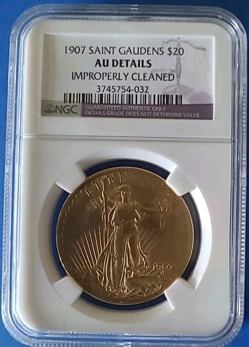 1907 - $20.00 Gold Saint Gaudens "No Motto" AU Details NGC Graded