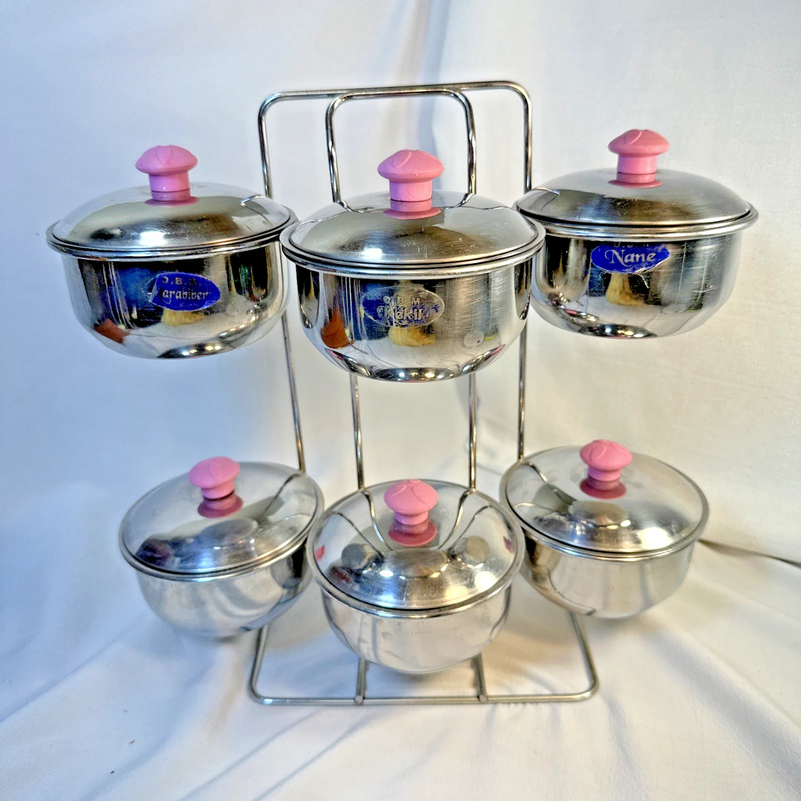 VTG Stainless Steel Turkish 4 Inch Spice Pots (6) with Lids in a Storage Rack