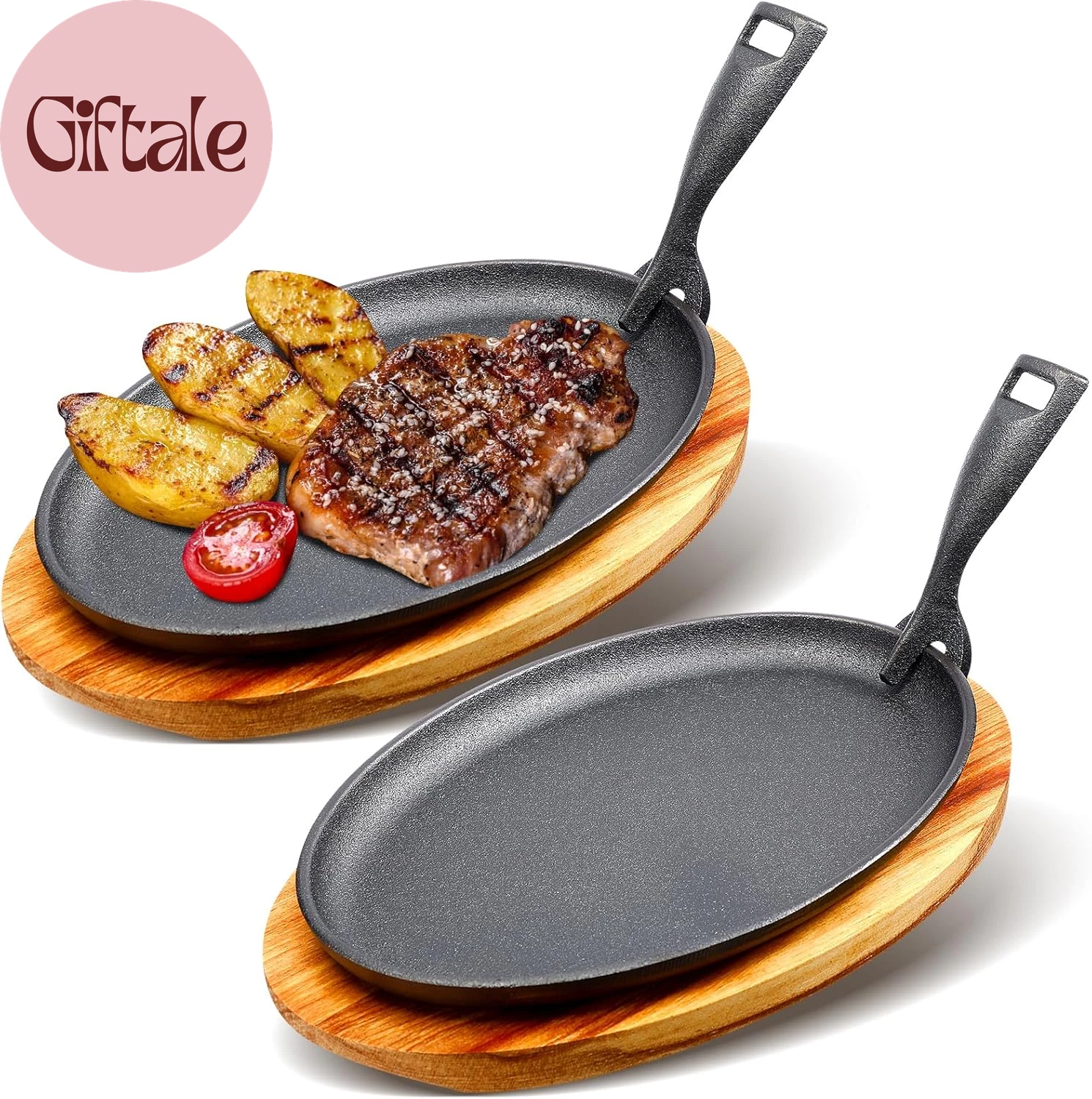2 Sets Cast Iron Skillet Set 10.63'' X 6.89'' Fajita Plate Sizzling Pan with Woo