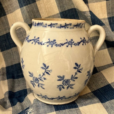 Cutie 6''7/8H St SAiNT UZE CONFIT POT BLUE Floral French CROCK 19th Campagne CHIC