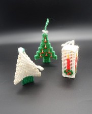 3 Vintage Christmas Ornaments Canvas Handmade Needlepoint 4 Trees Candle