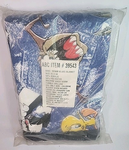 Blanket Vintage Denim Blue LOONEY TUNES 100% Acrylic Satin Trim 64x88" USA - Picture 2 of 4