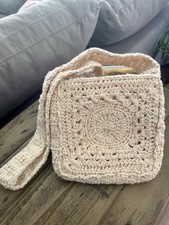 Handmade Granny Square Cream Purse Crochet Knit Crossbody Shoulder Bag Lined