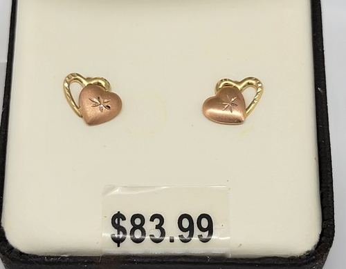 14k Yellow Rose Gold Double Heart Earrings Jacmel JCM Etched Stud Pierced Signed - Picture 5 of 23