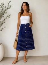 Navy Blue Polka Dot Midi Skirt Button Front Wooden Buttons A-Line Vintage Style