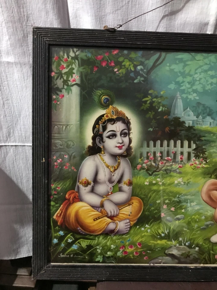 Vintage Old Hindu Temple Religious Print Guru Teaching Kid Lord Krishna A-97 - Immagine 3 di 4