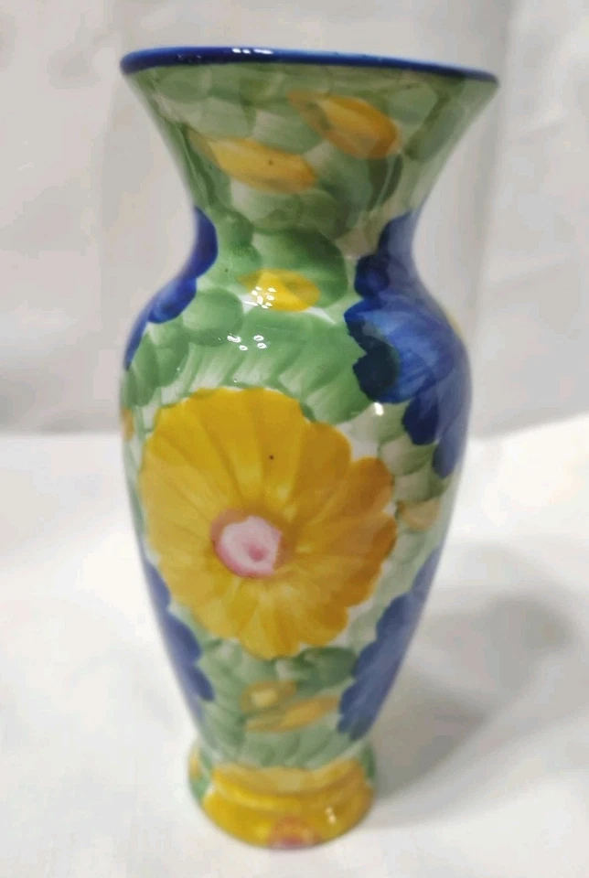 Jarrón de cerámica Springtime Brilliance grande pintado amarillo y azul flores 7,5"  Foto 3 de 4