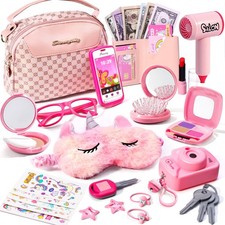 Little Girl Purse with Pretend Makeup for Toddler 3-5,Princess Small, Pink