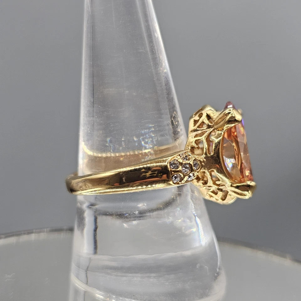 Orange CZ Cocktail Ring Gold Tone Stainless Steel Clear Accents Sz 9.5 - Image 2 of 4