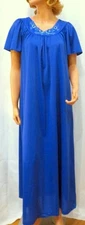 Shadowline Long Blue Nylon Nightgown Roses Short Flutter Sleeves M or L