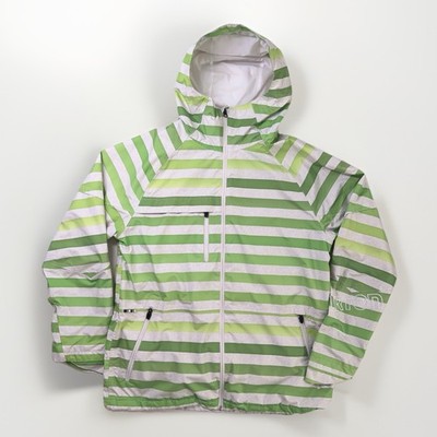 Burton Launch Jacket Mens L Green Stripe Hooded DryRide Ski Snowboard Lightweigh