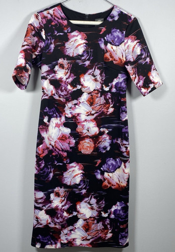 Vince Camuto Floral Black Pink Scuba Dress Women's Size 12 Office Career Midi