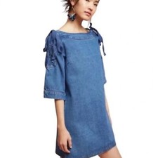 Anthropologie Meve Blue Denim Anywhere Lace Up Detail Shift Mini Small Dress