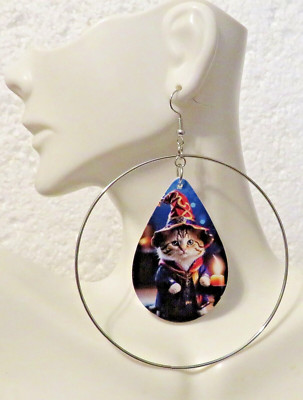 Wizard Dressed Cat Silver Hoop Earrings Dangle 3'' Hook Earrings