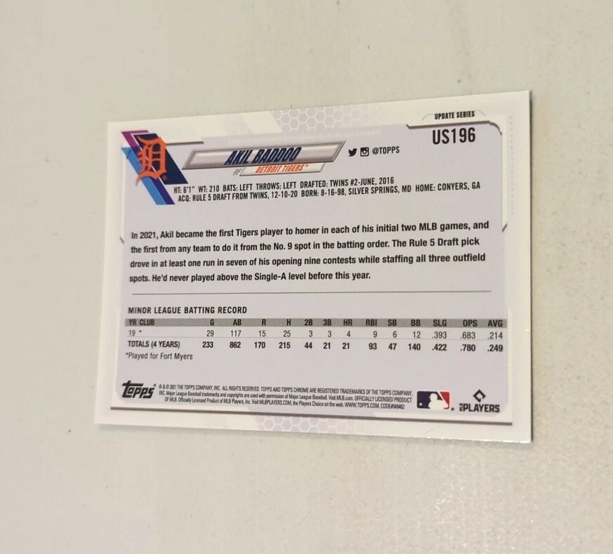 2021 Topps Chrome Sapphire Akil Baddoo RC US196 - Image 2 of 2