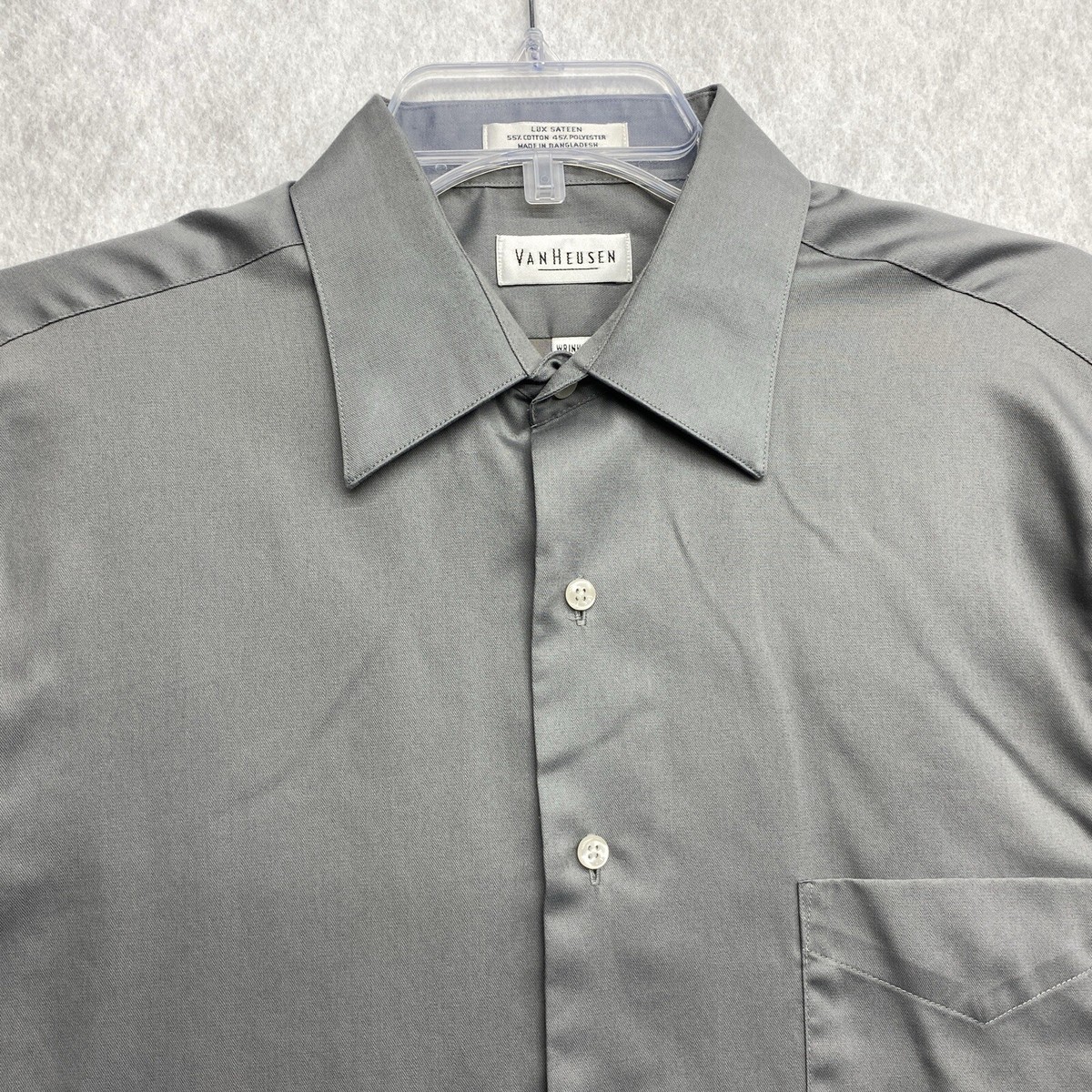 Van Heusen Lux Sateen Men's Dress Shirt 16 32/33 Poplin Solid Gray