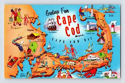 Postcard Massachusetts Cape Cod MA Map Cartoon Landmarks 1958 Posted Chrome