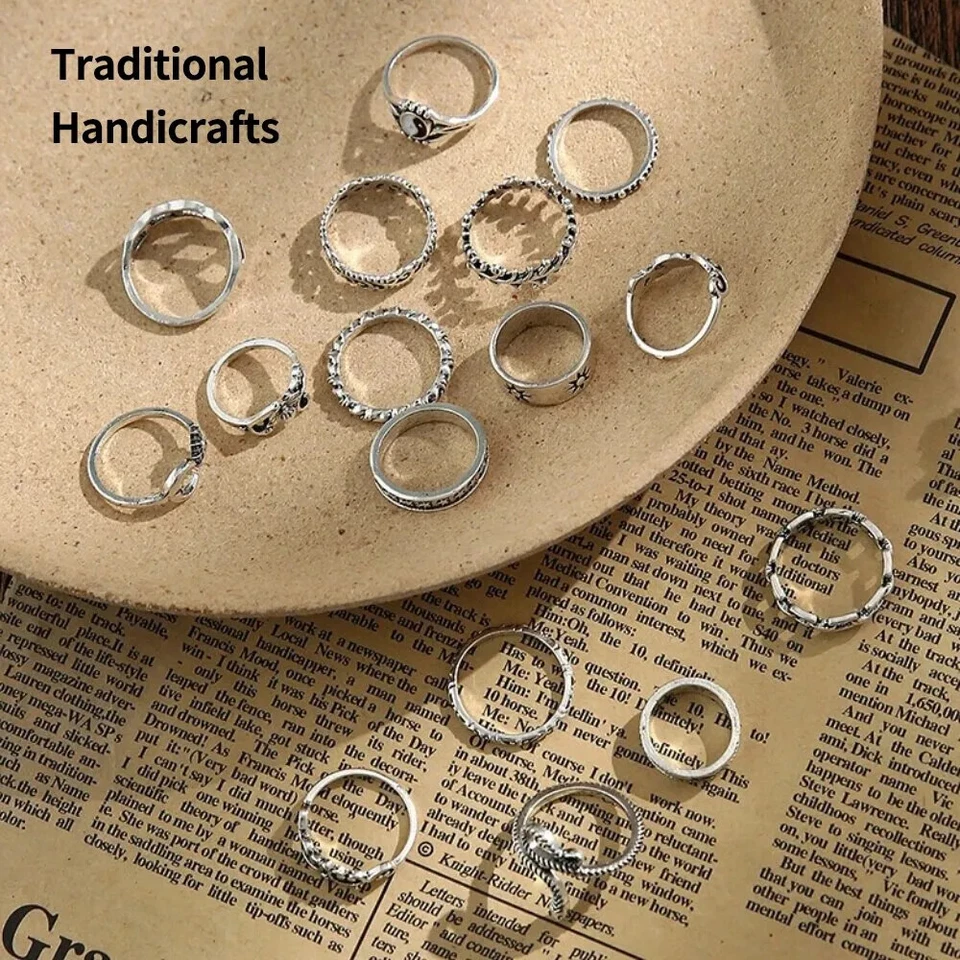 Anelli da donna Set 16 pezzi Anello Acciaio Colore Argento Serpente Catena Fiore - Immagine 3 di 4