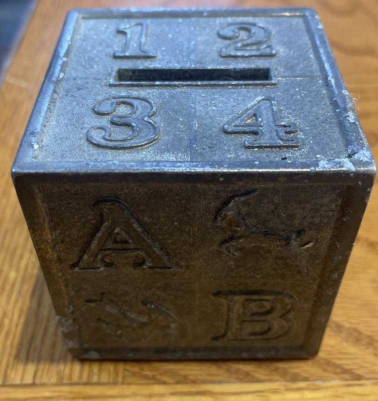 Vintage bank, Childs bank, Silverplated bank, Alphabet Bank, Missing Door