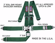 RJS RACING SFI 16.1 5PT LATCH & LINK HARNESS BELT ROLL MOUNT BAR GREEN 1128609
