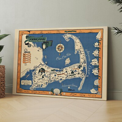 Map of Cape Cod Vintage Massachusetts Old Maps USA Canvas Wall Art Print