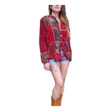 Vintage Beaded Embroidered Red Velvet Jacket S M Hippie Patchwork Festival Boho