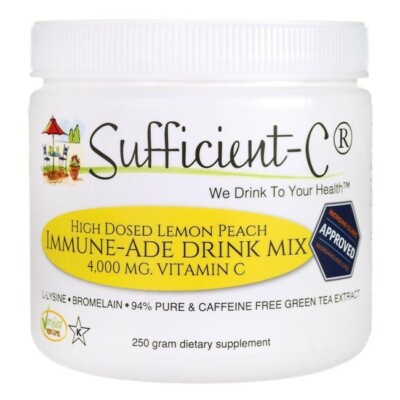 Sufficient-C  - 250 Grams -  Lemon Peach Immune-Ade Drink Mix - 4,000 mg Vit C