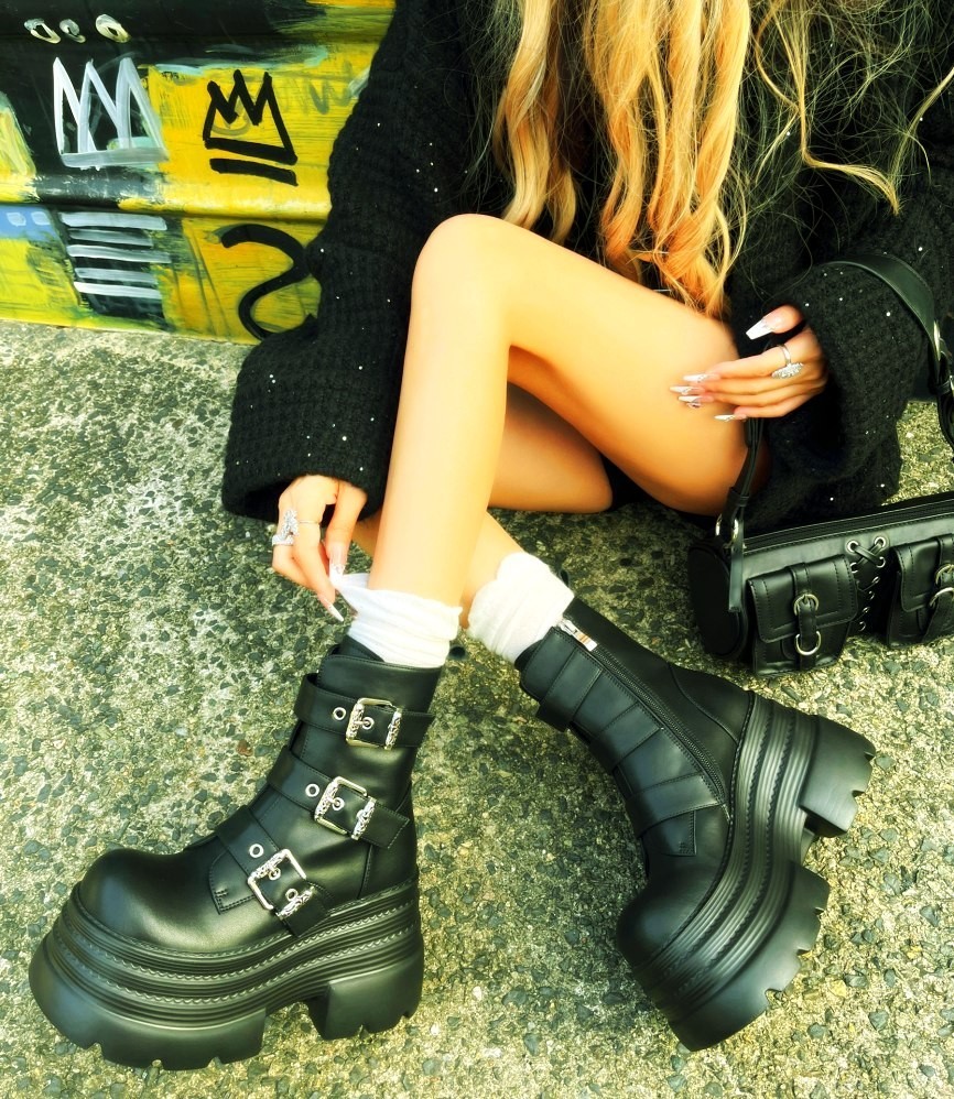 SAOLA Stivaletti donna suola spessa vera pelle Mary Janes plateau alto creepers