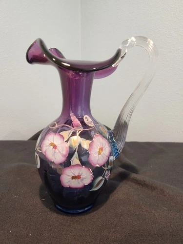 FENTON LIMITED MULBERRY GLASS PITCHER VASE w BEAUTIFUL FLORAL DESIGN